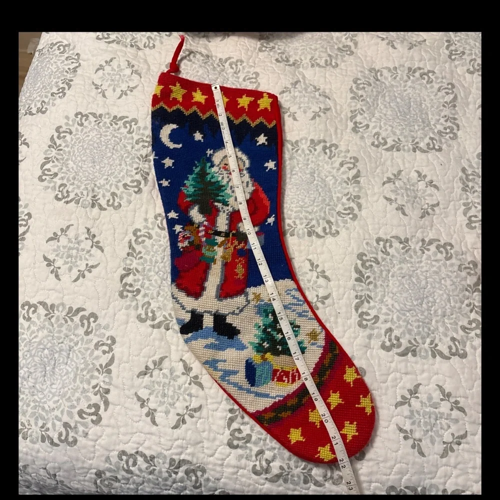 Vintage Needlepoint Wool Santa Claus Christmas Stocking Velvet Backing